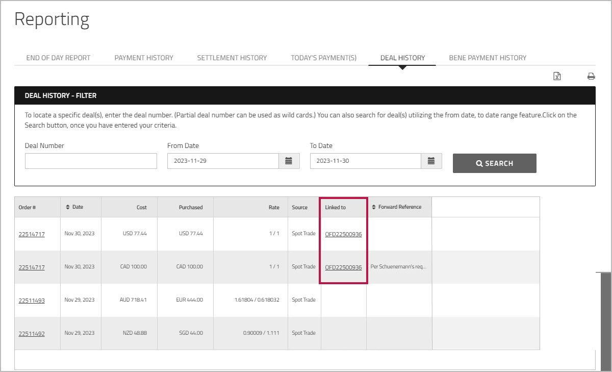 Deal History report showing Linked to column